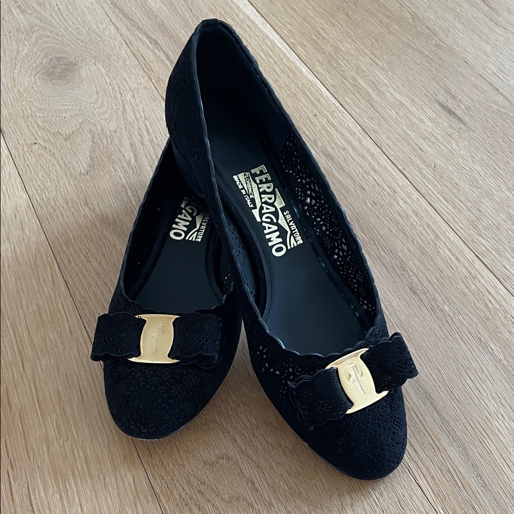 Salvatore Ferragamo Vara laser cut Black suede kid heel 7.5 B